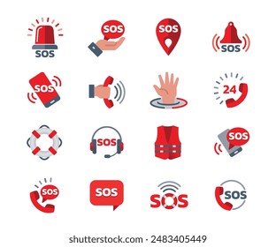 SOS icon set illustrate with various action in red and grey cartoon style
