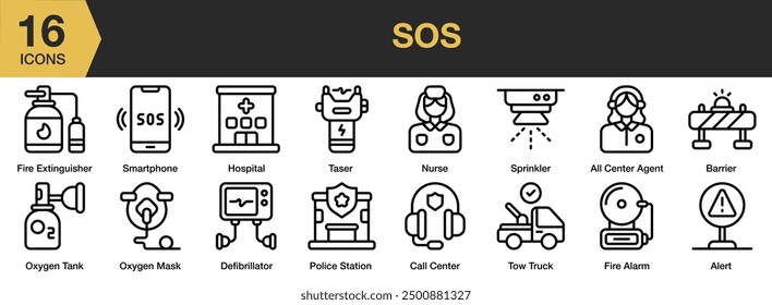 SOS icon set. Includes alert, barrier, defibrillator, nurse, oxygen tank, sprinkler, and More. Outline icons vector collection.