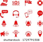 SOS. Icon set for infographic or website. Distress call, alarm or help signals, rescue service,  crisis hotline, emergency service and ambulance. Collection of red signs. Isolated. Vector illustration