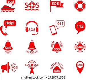 SOS. Icon Set For Infographic Or Website. Distress Call, Alarm Or Help Signals, Rescue Service,  Crisis Hotline, Emergency Service And Ambulance. Collection Of Red Signs. Isolated. Vector Illustration