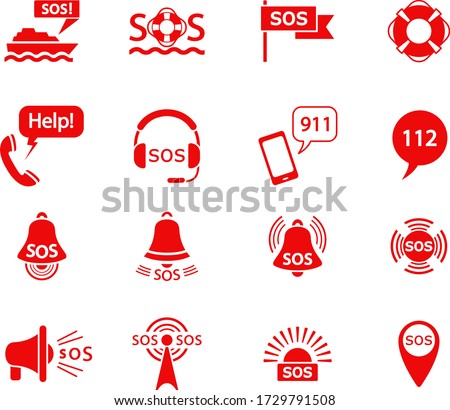 SOS. Icon set for infographic or website. Distress call, alarm or help signals, rescue service,  crisis hotline, emergency service and ambulance. Collection of red signs. Isolated. Vector illustration