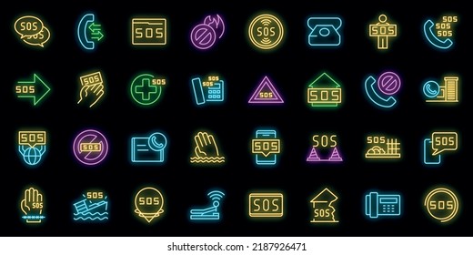 Sos icons set. Outline set of sos vector icons neon color on black