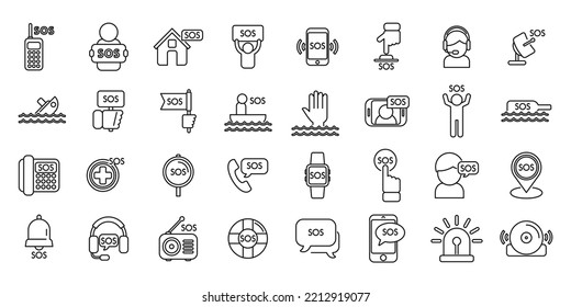 Sos icons set outline vector. Emergency fire. Exit phone