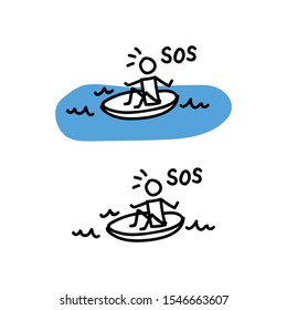 SOS life raft stick figure vector illustration. Hand drawn communication of rescue. Stickman in boat clipart. 