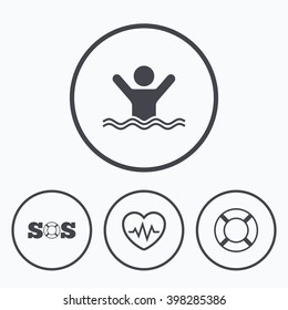SOS lifebuoy icon. Heartbeat cardiogram symbol. Swimming sign. Man drowns. Icons in circles.