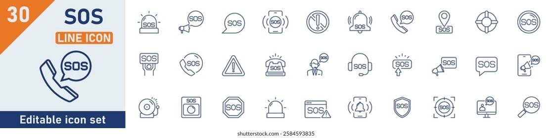 SOS line icon set. Set of 30 outline icons related to emergency, SOS signal, call, alarm, warning, help and others. Editable stroke. Vector illustration.