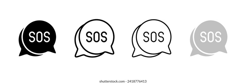 SOS message bubble icon set. Silhouette, linear, and flat style. Vector icons.