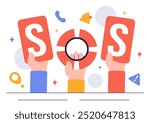 SOS Message Illustration featuring People in Need of Emergency Assistance in Various Situations like Being Lost, Drowning, Stranded on an Island