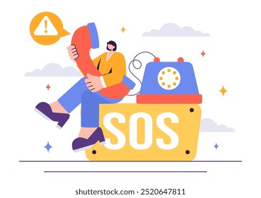 SOS Message Illustration featuring People in Need of Emergency Assistance in Various Situations like Being Lost, Drowning, Stranded on an Island