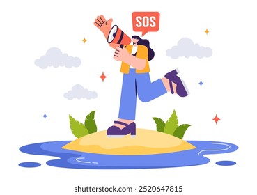 SOS Message Illustration featuring People in Need of Emergency Assistance in Various Situations like Being Lost, Drowning, Stranded on an Island