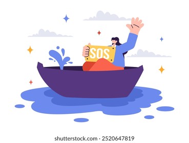 SOS Message Illustration featuring People in Need of Emergency Assistance in Various Situations like Being Lost, Drowning, Stranded on an Island