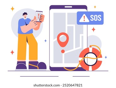 SOS Message Illustration featuring People in Need of Emergency Assistance in Various Situations like Being Lost, Drowning, Stranded on an Island