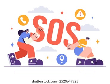 SOS Message Illustration featuring People in Need of Emergency Assistance in Various Situations like Being Lost, Drowning, Stranded on an Island