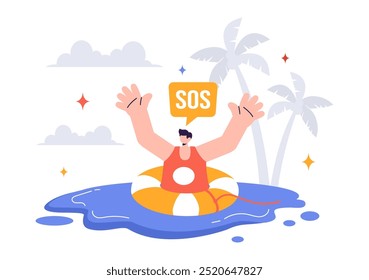 SOS Message Illustration featuring People in Need of Emergency Assistance in Various Situations like Being Lost, Drowning, Stranded on an Island