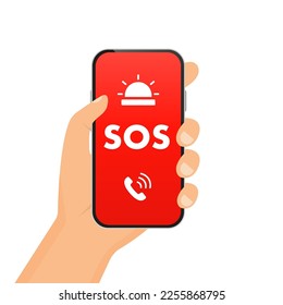 Mensaje SOS en el teléfono. 911 llamando de forma plana. Primeros auxilios. Llama al smartphone de la pantalla. Mano con un teléfono pide ayuda. Pedir ayuda. Ilustración del vector