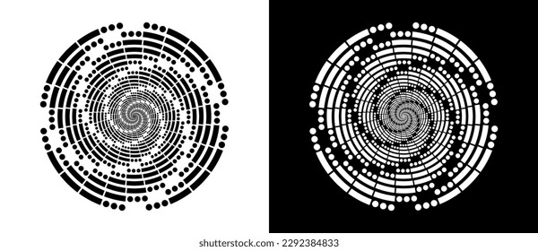 Código SOS Morse en círculos. Círculo del fondo abstracto con líneas dinámicas y puntos en espiral. Forma negra sobre un fondo blanco y la misma forma blanca sobre el lado negro.