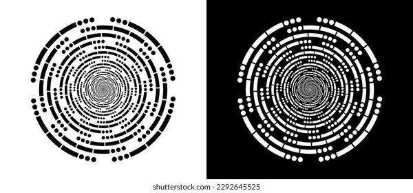 SOS Morse code in circles. Circle abstract background  with dynamic lines and dots in spiral. Black shape on a white background and the same white shape on the black side.