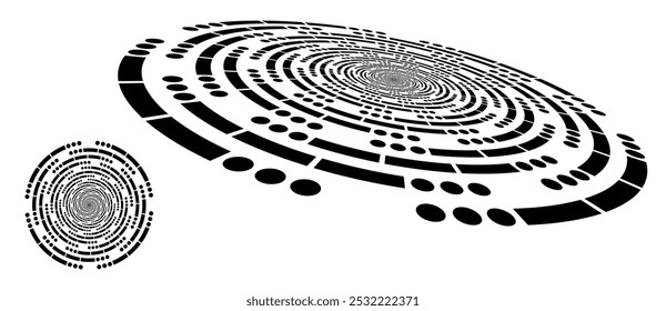 SOS Morse code in circles. Circle abstract background with dynamic lines and dots in spiral. Black shape on a white background. Circle with normal view and perspective.