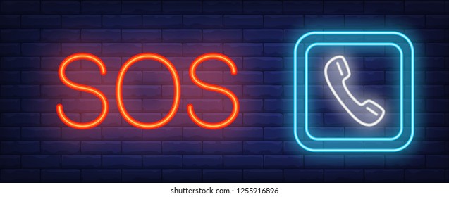 SOS neon sign. Glowing inscription with hand-set on brick wall background. Vector illustration can be used for mobile, connection, communication