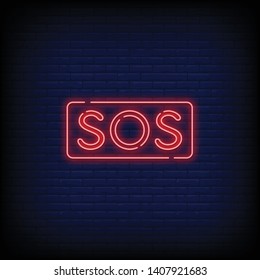 Sos neon text vector with a Brick Wall Background design template light banner design element colorful modern design trend  night bright advertising  bright sign. Vector