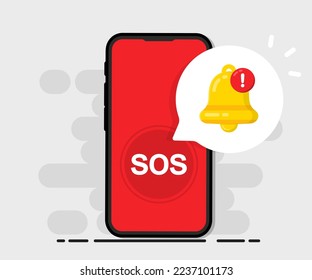 SOS notification on screen phone. SOS emergency call in the phone. 911 call on screen smartphone. A cry for help. Calling for help Vector stock illustration