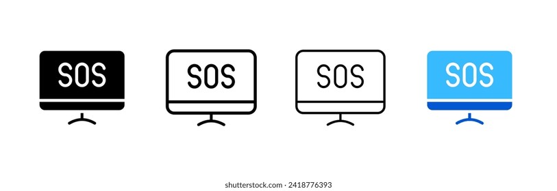 SOS on monitor screen. Monitor screen. Silhouette, linear, and flat style. Vector icons.