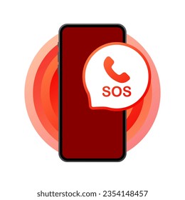 SOS on the phone. Flat, red, SOS call, red screen phone. Vector illustration