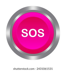 SOS pink button with metal base. Push, press, control, manipulation, key, knob. Distress call, help, save, caution, warning emergency situation, accident, doctor first aid, danger. Vector illustration