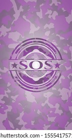 SOS pink written on a camouflage texture. Vector Illustration. Detailed.