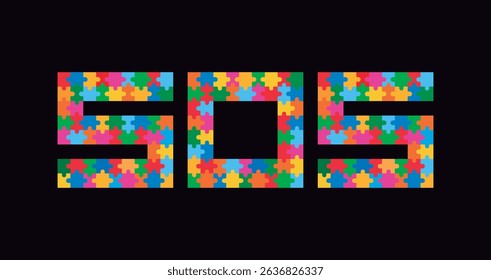 SOS puzzle letter. Vector isolated on black background.