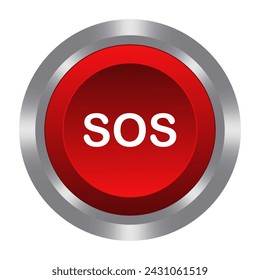 SOS red button with metal base. Push, press, control, manipulation, key, knob. Distress call, help, save, caution, warning emergency situation, accident, doctor, first aid, danger. Vector illustration