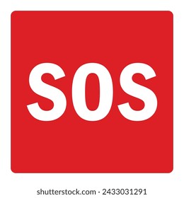 SOS red icon sign isolated on white background. SOS symbol square sticker. Emergency help red icon, safety support alert, save concept. First aid alarm. Medical alert. 