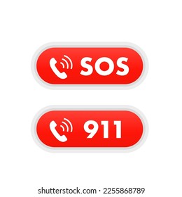 Sos red round flat isolated push button. SOS marker, sign, icon, label. Calling for help. Emergency phone icon. White and red icon. 911 call. Vector illustration