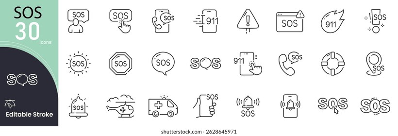 SOS related icon collections. Containing SOS, Help, Emergency, Alert, Rescue, Danger, Assistance, Warning, Safety, and Support icons. Editable icons. Outline icon .
