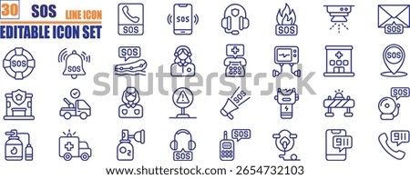 SOS related icon collections. Containing SOS, Help, Emergency, Alert, Rescue, Danger, Assistance, Warning, Safety, and Support icons. Editable icons. Outline icon .