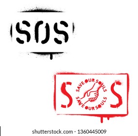 S.O.S. (Save Our Souls) abbreviation. Black spray graffiti stencil.