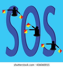 sos semaphore flags and text on blue background.