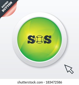 SOS sign icon. Lifebuoy symbol. Green shiny button. Modern UI website button with mouse cursor pointer. Vector