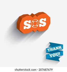 SOS sign icon. Lifebuoy symbol. White icon on orange 3D piece of wall. Carved in stone with long flat shadow. Vector