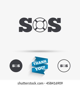 SOS sign icon. Lifebuoy symbol. Flat icons. Buttons with icons. Thank you ribbon. Vector
