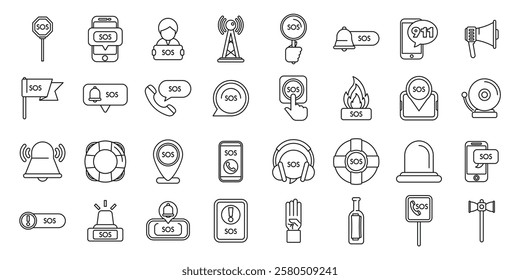  Sos sign icons set. Different ways of signaling for help are shown with these simple, black and white icons