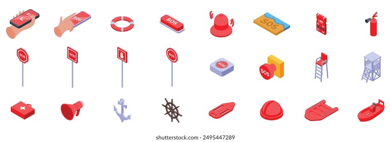 Sos sign icons set. Lifeguard isometric icons set featuring various rescue equipment and emergency signals for water safety