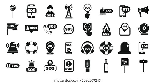  Sos sign icons set. Various icons representing different methods of sending and receiving sos signals, indicating urgent situations requiring immediate assistance