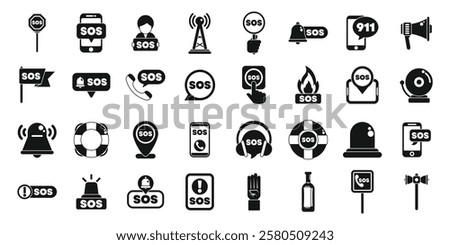  Sos sign icons set. Various icons representing different methods of sending and receiving sos signals, indicating urgent situations requiring immediate assistance
