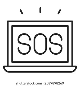SOS sign on laptop screen line icon vector isolated. Symbol of a warning sign on computer. Concept of customer service. Help button.