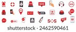 Sos sign vector. A collection of icons for the SOS button, including a cell phone, a bottle, a red SOS button, and a red SOS sign