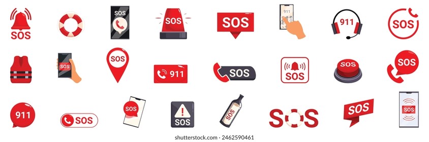 Sos sign vector. A collection of icons for the SOS button, including a cell phone, a bottle, a red SOS button, and a red SOS sign