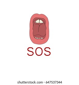 SOS vector illustration in red colors on white background.Open mouth and SOS text.Cry for help.