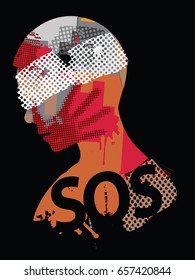 Sos Violence.
Human head silhouette with hand print on the face symbolizing violence in the world. Vector available.