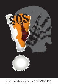 

SOS warning Violence against children.
Little girl stylized head silhouette with hand print after hand slap in ripped paper exclamation mark. Vector available.
